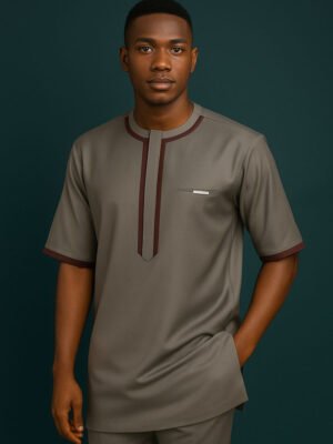 Afc730 Minimalist Grey Men's Kaftan – Burgundy Trim Edition