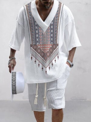Afc335 Men's White Tribal Print Co-ord Set